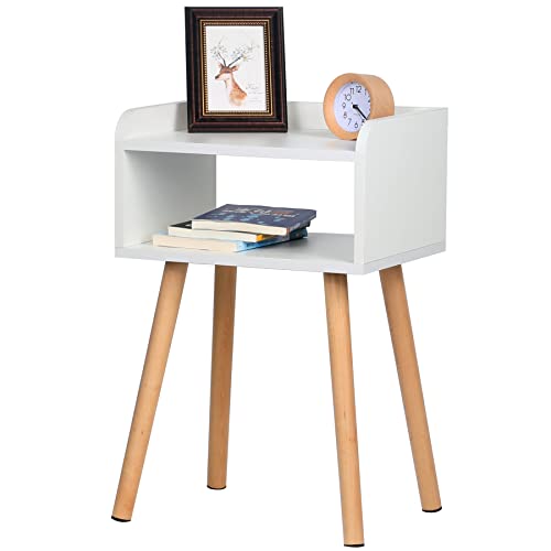 LUCKNOCK Nightstand, Mid-Century Modern Bedside Table with Solid Wood Legs, Adorable and Practical End Side Table with Open Storage Shelf, Fashion Bedroom Furniture White.