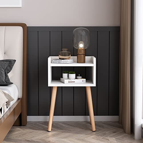 LUCKNOCK Nightstand, Mid-Century Modern Bedside Table with Solid Wood Legs, Adorable and Practical End Side Table with Open Storage Shelf, Fashion Bedroom Furniture White.