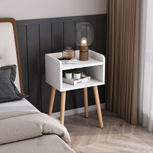 LUCKNOCK Nightstand, Mid-Century Modern Bedside Table with Solid Wood Legs, Adorable and Practical End Side Table with Open Storage Shelf, Fashion Bedroom Furniture White.