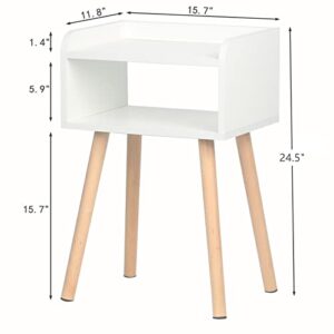 LUCKNOCK Nightstand, Mid-Century Modern Bedside Table with Solid Wood Legs, Adorable and Practical End Side Table with Open Storage Shelf, Fashion Bedroom Furniture White.