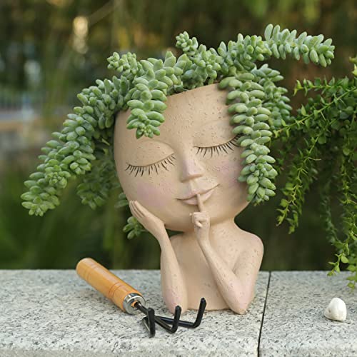 HUNTHAWK Face Planters Pots Unique for Indoor Outdoor Plants Resin Head Planter with Drainage Hole Cute Lady face with Closed Eyes (Light)