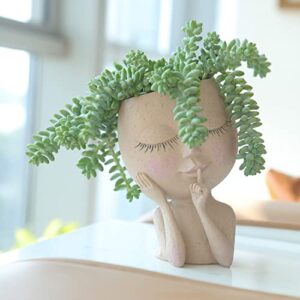 HUNTHAWK Face Planters Pots Unique for Indoor Outdoor Plants Resin Head Planter with Drainage Hole Cute Lady face with Closed Eyes (Light)