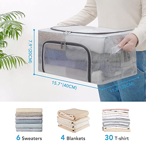 Baesyhom Clear Stackable Steel Metal Frame Clothes Storage Bins Foldable Fabric Storage Bag Closet Storage Bin Blanket Storage Container Organizer with Carrying Handles and Front Window, 3 Pack, 24L