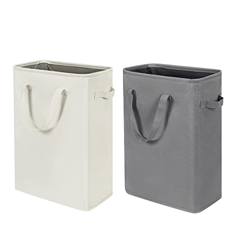 ZERO JET LAG Slim Laundry Hamper Beige and Grey Handles Collapsible Laundry Basket Thin Dirty Clothes Basket Narrow Laundry Bag Foldable Dirty Hamper