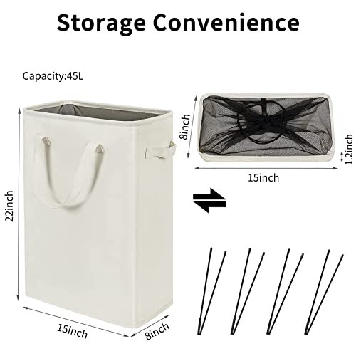 ZERO JET LAG Slim Laundry Hamper Beige and Grey Handles Collapsible Laundry Basket Thin Dirty Clothes Basket Narrow Laundry Bag Foldable Dirty Hamper