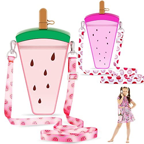 Honeydak 2 Pack Cute Water Bottle Watermelon Kawaii Plastic Water Bottles with Adjustable Shoulder Strap for Kids Girls Adult Sports for Milk Tea Juice Leakproof (Watermelon, Pitaya)