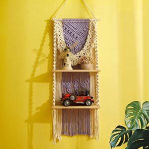 STAHMFOVER Boho Macrame Shelf for Room Decor Spring,2-Tier Wall Hanging Shelf Woven Floating Shelves,Handmade Rope Macrame Indoor Plants Hanger,Home Storage & Organizer (Purple)