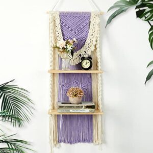 stahmfover boho macrame shelf for room decor spring,2-tier wall hanging shelf woven floating shelves,handmade rope macrame indoor plants hanger,home storage & organizer (purple)