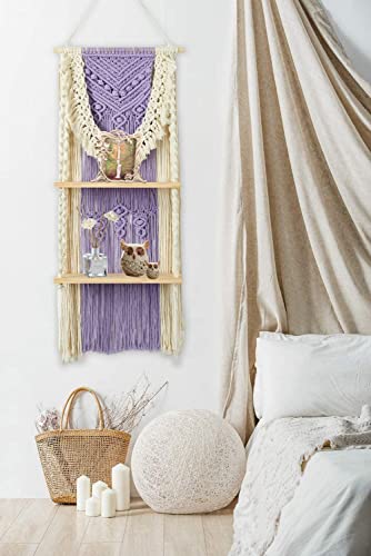 STAHMFOVER Boho Macrame Shelf for Room Decor Spring,2-Tier Wall Hanging Shelf Woven Floating Shelves,Handmade Rope Macrame Indoor Plants Hanger,Home Storage & Organizer (Purple)