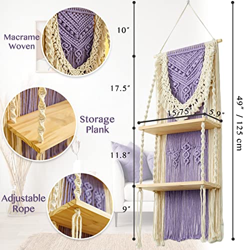 STAHMFOVER Boho Macrame Shelf for Room Decor Spring,2-Tier Wall Hanging Shelf Woven Floating Shelves,Handmade Rope Macrame Indoor Plants Hanger,Home Storage & Organizer (Purple)