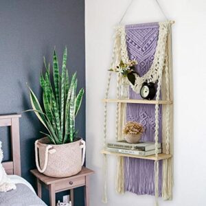 STAHMFOVER Boho Macrame Shelf for Room Decor Spring,2-Tier Wall Hanging Shelf Woven Floating Shelves,Handmade Rope Macrame Indoor Plants Hanger,Home Storage & Organizer (Purple)