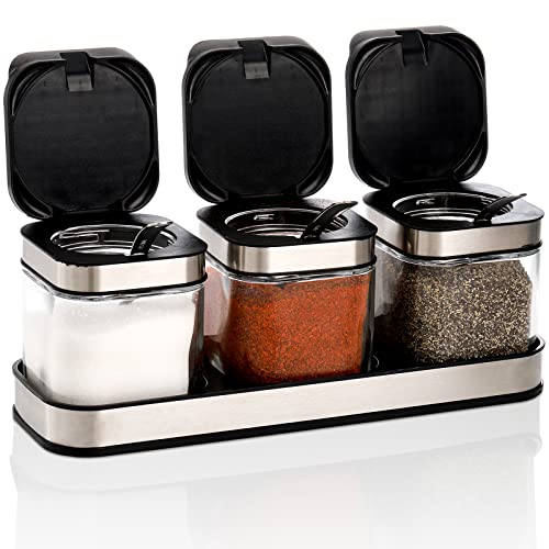 DEAYOU 3 Pack Glass Seasoning Box with Tray, Clear Condiment Canister with 18/10 Stainless Steel Lid and Spoon, Kitchen Spice Pot with Base, Salt Pepper Sugar Storage Container Jar Cruet for Desk