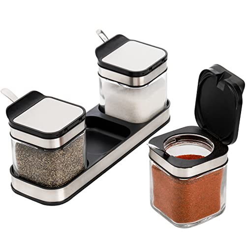 DEAYOU 3 Pack Glass Seasoning Box with Tray, Clear Condiment Canister with 18/10 Stainless Steel Lid and Spoon, Kitchen Spice Pot with Base, Salt Pepper Sugar Storage Container Jar Cruet for Desk