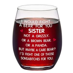 waipfaru funny gift for sister, fight a bear for you stemless wine glass, sister gifts from sister brother, birthday christmas gift for sister sister in law soul sister big sister little sister, 15oz