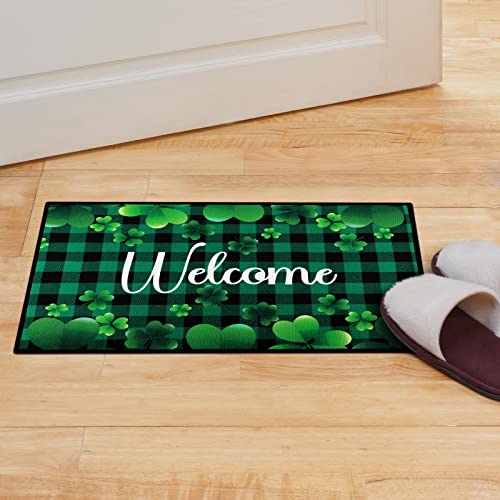 Timtin St. Patrick's Day Doormat Lucky Green Shamrocks St. Patrick's Day Doormat Irish Plaid Welcome Mat Non Slip Rubber Area Rugs for Bathroom Entrance Front Door Indoor Outdoor 15.7 x 23.6 Inch