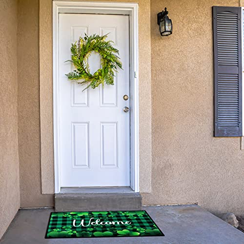 Timtin St. Patrick's Day Doormat Lucky Green Shamrocks St. Patrick's Day Doormat Irish Plaid Welcome Mat Non Slip Rubber Area Rugs for Bathroom Entrance Front Door Indoor Outdoor 15.7 x 23.6 Inch