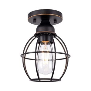 gruenlich semi flush mount ceiling light fixture for outdoor and indoor, one e26 medium base 60w max, metal housing and metal cage, bulb not included, 1-pack, oil rubbed bronze finish