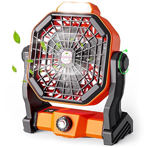 Camping Fan with LED Lantern, 25Hours Rechargeable Fan Portable Outdoor Tent Fan with Quiet Brushless Motor, 270°Head Rotation, Perfect Battery Operated Powered Fan for Picnic, BBQ, Fishing, Travel