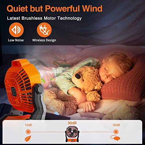 Camping Fan with LED Lantern, 25Hours Rechargeable Fan Portable Outdoor Tent Fan with Quiet Brushless Motor, 270°Head Rotation, Perfect Battery Operated Powered Fan for Picnic, BBQ, Fishing, Travel