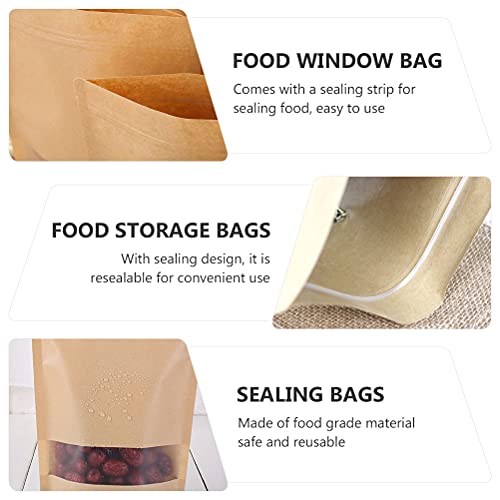 Cabilock 50Pcs Kraft Paper Stand Up Bags Reusable Valve BagWindow Food Tea Sealing Bags