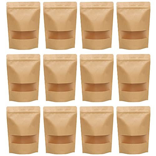Cabilock 50Pcs Kraft Paper Stand Up Bags Reusable Valve BagWindow Food Tea Sealing Bags