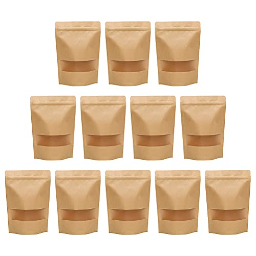 Cabilock 50Pcs Kraft Paper Stand Up Bags Reusable Valve BagWindow Food Tea Sealing Bags