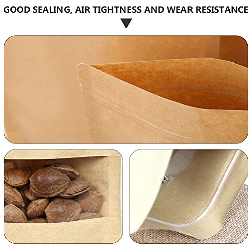 Cabilock 50Pcs Kraft Paper Stand Up Bags Reusable Valve BagWindow Food Tea Sealing Bags