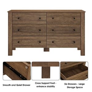 ITUSUT 6 Drawer Dresser, Wood Chest of Drawers, Wide Storage Dresser with Sturdy Frame, Closet Organizer for Living Room Closets, Hallway, Rustic Brown