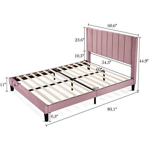 HOOMIC Queen Size Platform Bed Frame with Velvet Upholstered Plush Vertical Channel Headboard, No Box Spring Needed, Easy Assembly,Pink