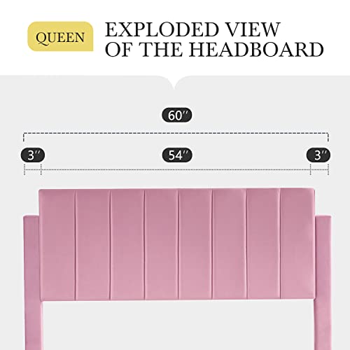 HOOMIC Queen Size Platform Bed Frame with Velvet Upholstered Plush Vertical Channel Headboard, No Box Spring Needed, Easy Assembly,Pink