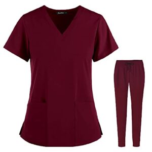 scrubs set for women joggers v-neck pocket top uniforms athletic stretch set workwear drawstring threaded pant legs