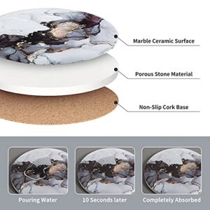 Coasters with Holder, Absorbent Coasters by DSNDVES, Set of 6 Ceramic Coasters, Marble Style Drink Coasters with Cork Base, Bar Coasters, Round Stone Coasters for Table Protection Black