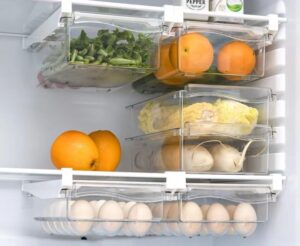 vvliam 2 pack refrigerator organizer bins fridge drawer organizer with handle, egg holder for refrigerator and fruit containers for fridge pull out cabinet organizer fit for fridge shelf under 0.6"