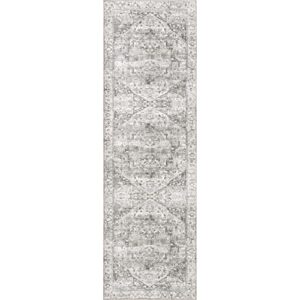 nuLOOM Brielle Machine Washable Vintage Medallion Runner Rug, 2' 6" x 12', Grey, Rectangular, 0.1" Thick