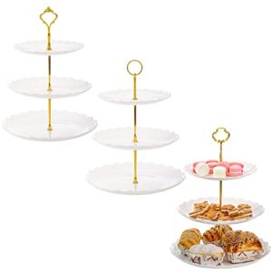 tosnail 3 pack 3 tiers white plastic cupcake stand dessert stand tiered serving trays with 3 styles gold rod, party serving trays fruit pastry holders for wedding and party - heart and flower embossed