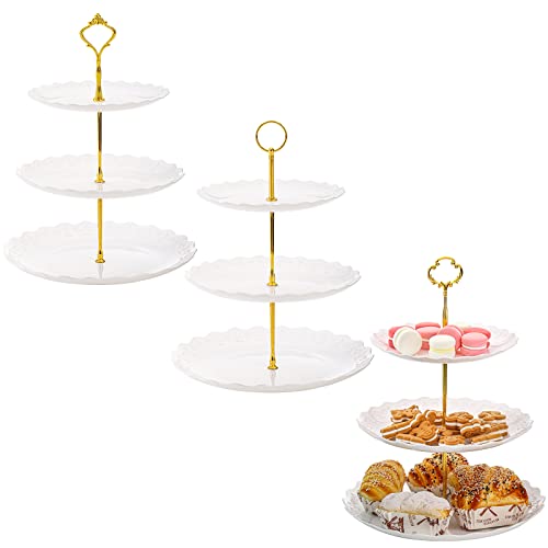 Tosnail 3 Pack 3 Tiers White Plastic Cupcake Stand Dessert Stand Tiered Serving Trays with 3 Styles Gold Rod, Party Serving Trays Fruit Pastry Holders for Wedding and Party - Heart and Flower Embossed