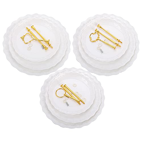 Tosnail 3 Pack 3 Tiers White Plastic Cupcake Stand Dessert Stand Tiered Serving Trays with 3 Styles Gold Rod, Party Serving Trays Fruit Pastry Holders for Wedding and Party - Heart and Flower Embossed