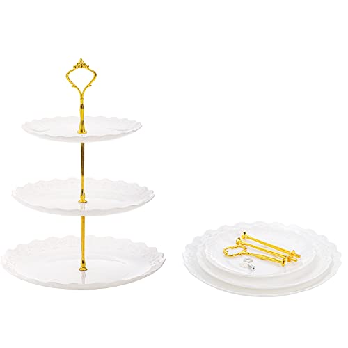 Tosnail 3 Pack 3 Tiers White Plastic Cupcake Stand Dessert Stand Tiered Serving Trays with 3 Styles Gold Rod, Party Serving Trays Fruit Pastry Holders for Wedding and Party - Heart and Flower Embossed