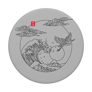 Japanese Vintage Line Art Crane The Great Wave off Kanagawa PopSockets Swappable PopGrip