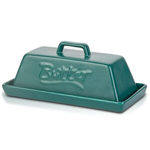 porcelain butter dish with lid, candiicap classic matte butter keeper for countertop, large butter holder for butter storage, dishwasher safe (matte green)