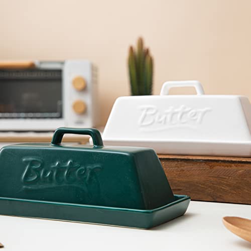 Porcelain Butter Dish with Lid, Candiicap Classic Matte Butter Keeper for Countertop, Large Butter Holder for Butter Storage, Dishwasher Safe (Matte Green)