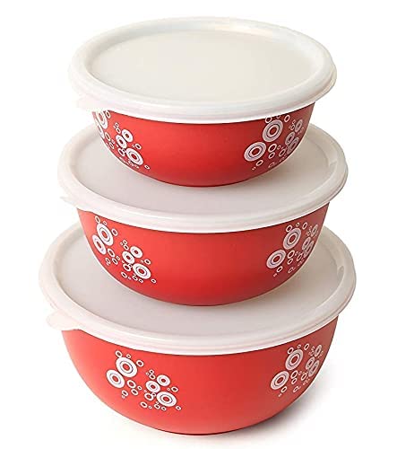 King International Microwave Safe Stainless Steel Red Designer Round Airtight Lid Food Storage Containers Set of 4,Stackable Mixing Bowl with Lid, Tiffin, Lunch Box