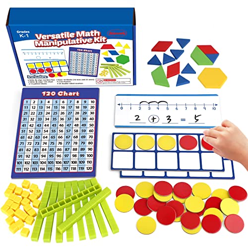 Take Home Versatile Math Manipulatives Kit for Kids Grade K-3,With Ten-Frames,Base Ten Blocks,Math Counters,Number Line,120 Number Chart,Pattern Blocks,Homeschool Supplies (Develops Early Math Skills)