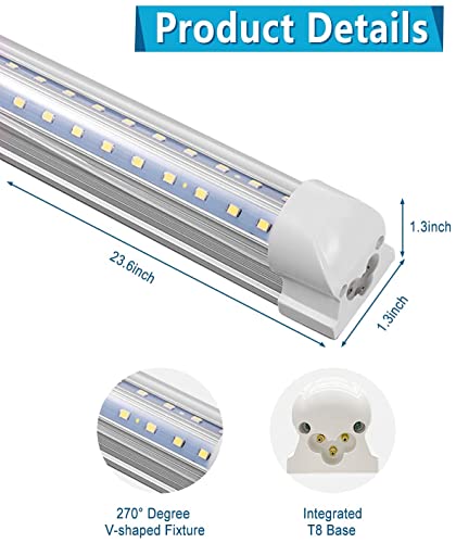 LED Shop Light 2ft, 24W 2500LM 6000K, T8 Led Garage Light, Clear Cover Linkable LED Tube Lights, Shop Lights for Room,Workbencha, Warehouse, V Shape LED Ceiling Lights, Basement, Plug & Play 4-Pack