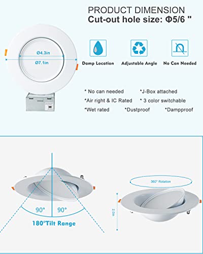 6Pack 𝗠𝗲𝘁𝗮𝗹 LED Downlight and Gimbal Recessed Lighting 6 inch, Adjustable Angled LED Recessed Lighted 3000K/4000K/5000K 12W=120W 1200LM Super Bright Directional Downlight