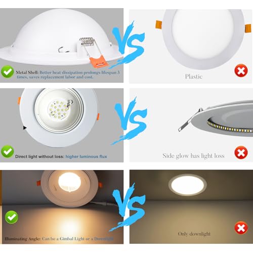 6Pack 𝗠𝗲𝘁𝗮𝗹 LED Downlight and Gimbal Recessed Lighting 6 inch, Adjustable Angled LED Recessed Lighted 3000K/4000K/5000K 12W=120W 1200LM Super Bright Directional Downlight