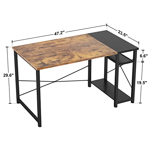 Ecoprsio Computer Desk, 47 Inch Small Desk for Small Space, Modern Study Writing Desk with Storage Shelves, Reversible PC Table for Home Office, Gaming Room, Bedroom, Workstation, Rustic and Black