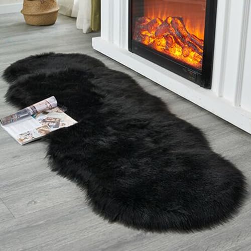 CKLZSAY Luxury Soft Fluffy Deluxe Rug Faux Fur Sheepskin Rug Home Deco Rugs Bedroom Living Room Floor Sofa Cover Seat Cushion Bedside Fuzzy Rug Sheepskin Shape (Black, 2'x6' Sheepskin)