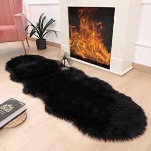 CKLZSAY Luxury Soft Fluffy Deluxe Rug Faux Fur Sheepskin Rug Home Deco Rugs Bedroom Living Room Floor Sofa Cover Seat Cushion Bedside Fuzzy Rug Sheepskin Shape (Black, 2'x6' Sheepskin)