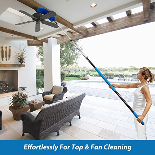 20 Feet High Reach Duster Kit with 5-12 Ft Extension Pole, Cobweb Duster with Telescoping Pole, Window Squeegee with Scrubber, Spider Web Brush, High Ceiling Fan Duster for High Window, Interior Roof